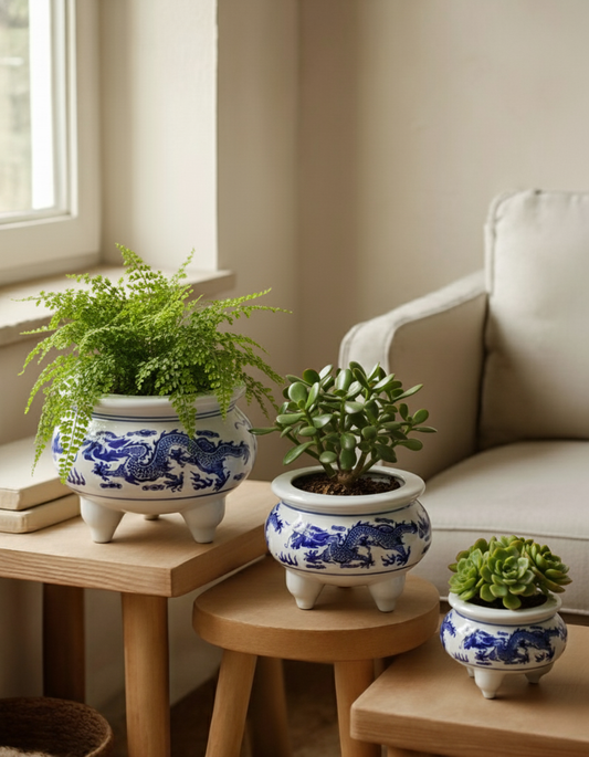 Blue & White Dragon Motif Tripod Planter - 5.5'