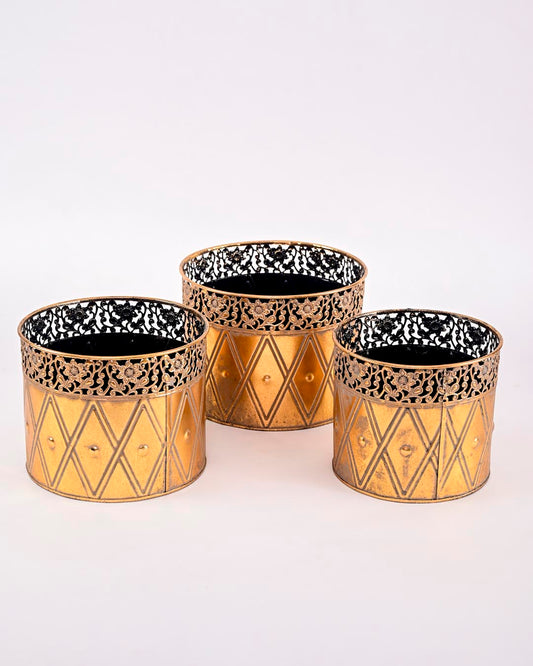 Gilded Diamond Motif Planter - Set Of 3